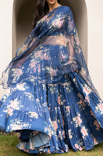 Falak Blue Floral print Gathered Lehenga with floral blouse and Dupatta- Set of 3