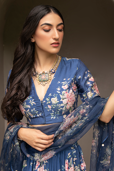 Falak Blue Floral print Gathered Lehenga with floral blouse and Dupatta- Set of 3