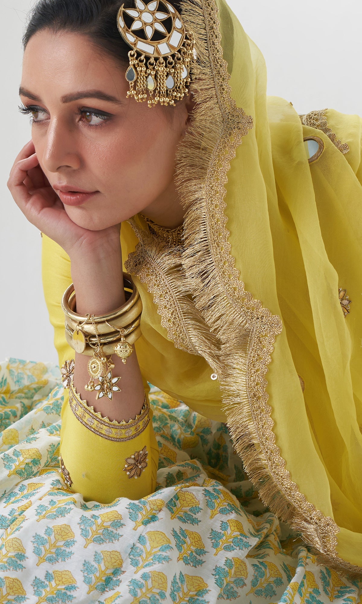 Jahanara Mughal Yellow Block Printed Lehenga Set - Set of 3