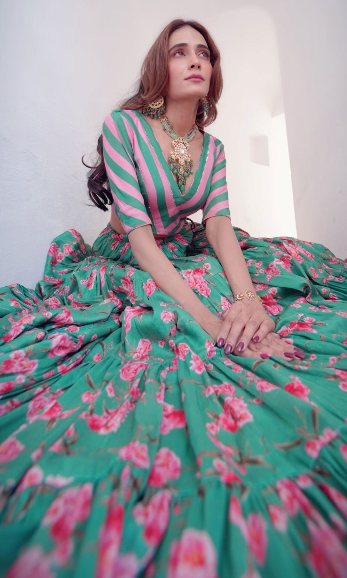 Tina Rathore in Falak Green Floral print Gathered Lehenga with stripe blouse and Dupatta- Set of 3