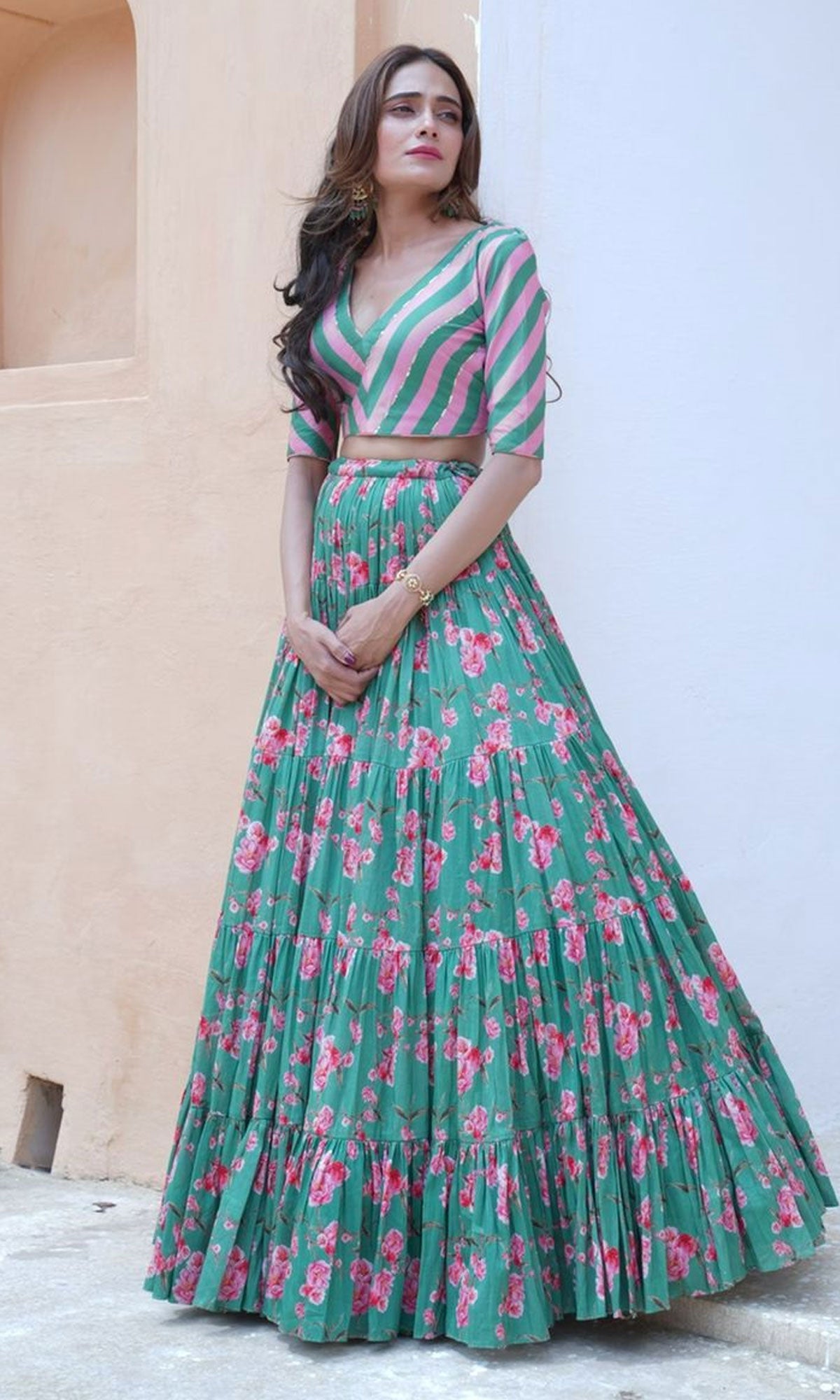 Tina Rathore in Falak Green Floral print Gathered Lehenga with stripe blouse and Dupatta- Set of 3