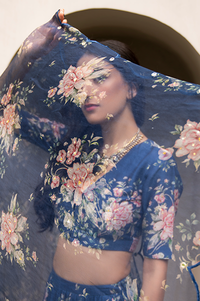 Falak Blue Floral print Gathered Lehenga with floral blouse and Dupatta- Set of 3