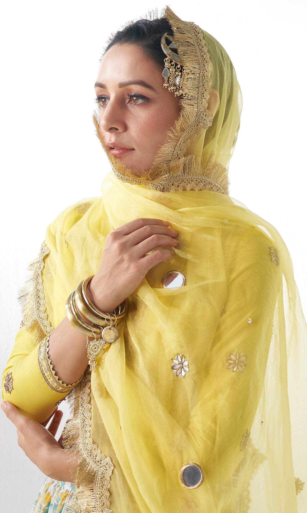 Jahanara Mughal Yellow Block Printed Lehenga Set - Set of 3