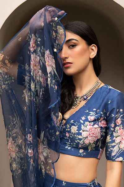 Falak Blue Floral print Gathered Lehenga with floral blouse and Dupatta- Set of 3