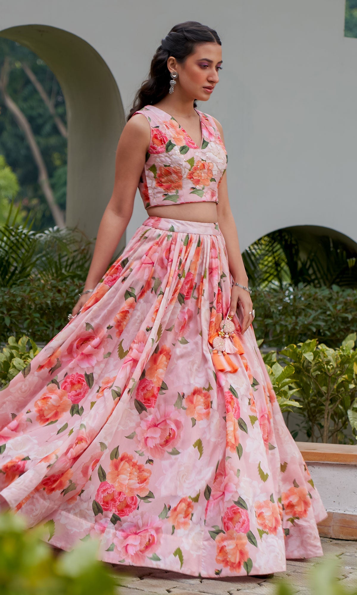 AZRA PINK FLORAL PRINTED FLORAL LEHENGA WITH FLORAL PRINTED BLOUSE AND DUPATTA - SET OF 3