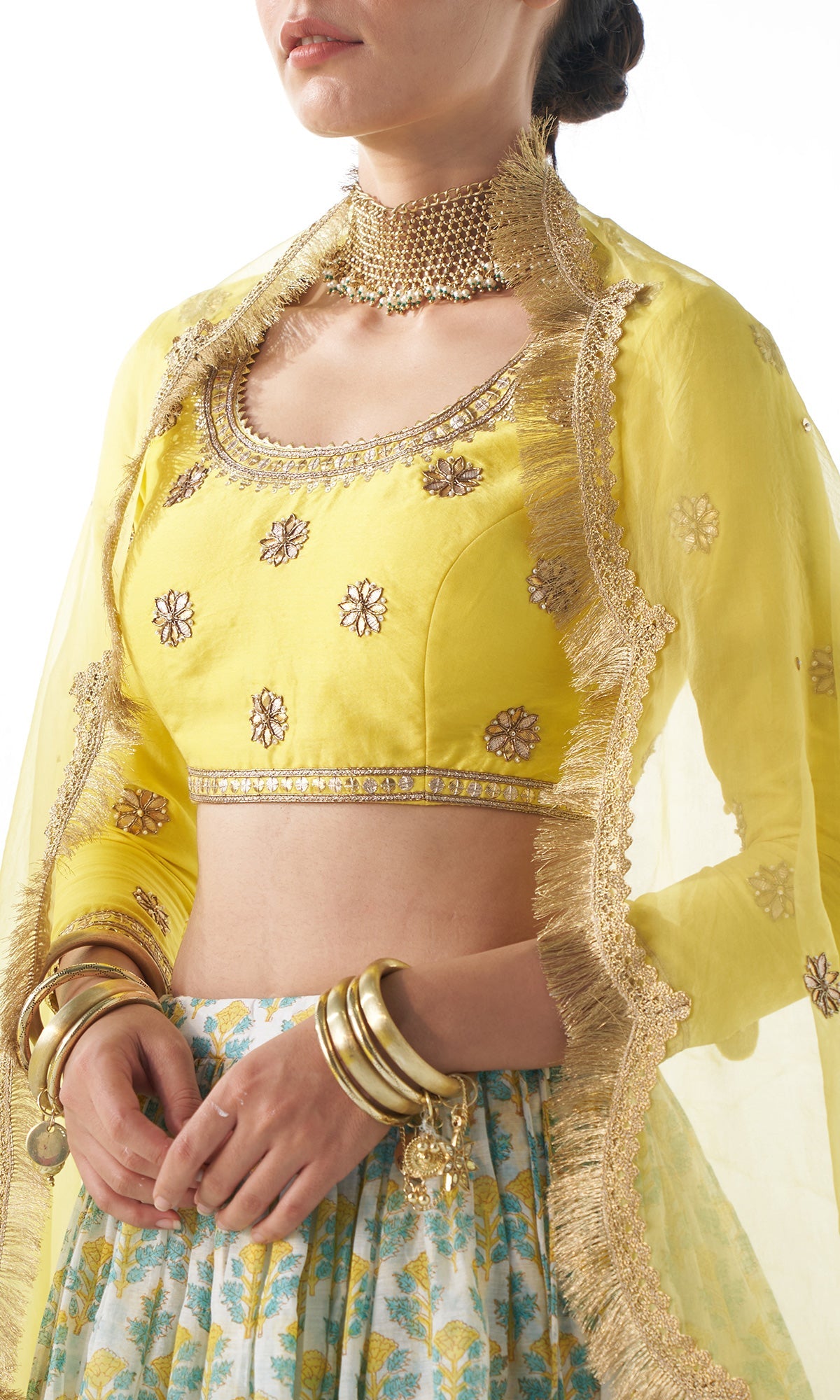 Jahanara Mughal Yellow Block Printed Lehenga Set - Set of 3
