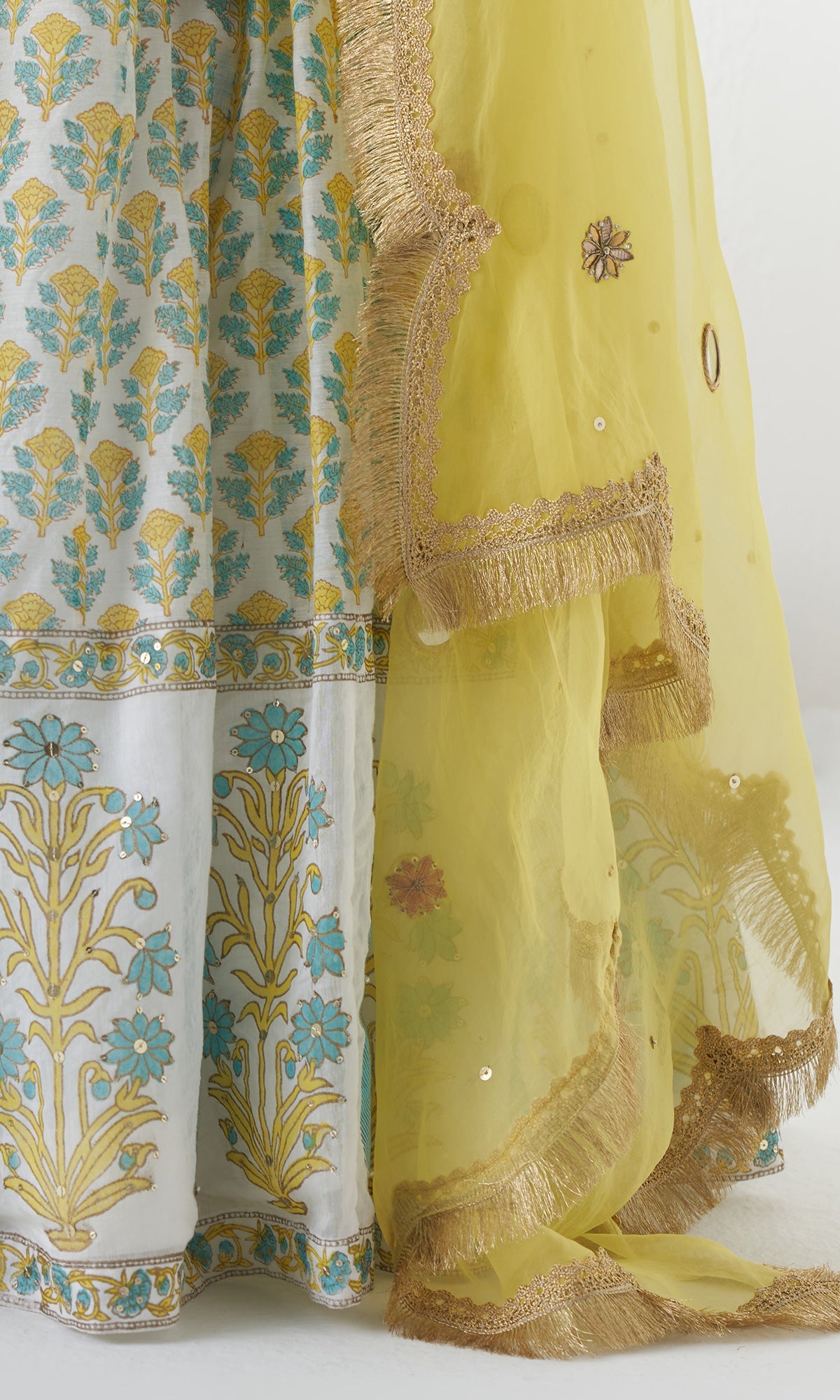 Jahanara Mughal Yellow Block Printed Lehenga Set - Set of 3