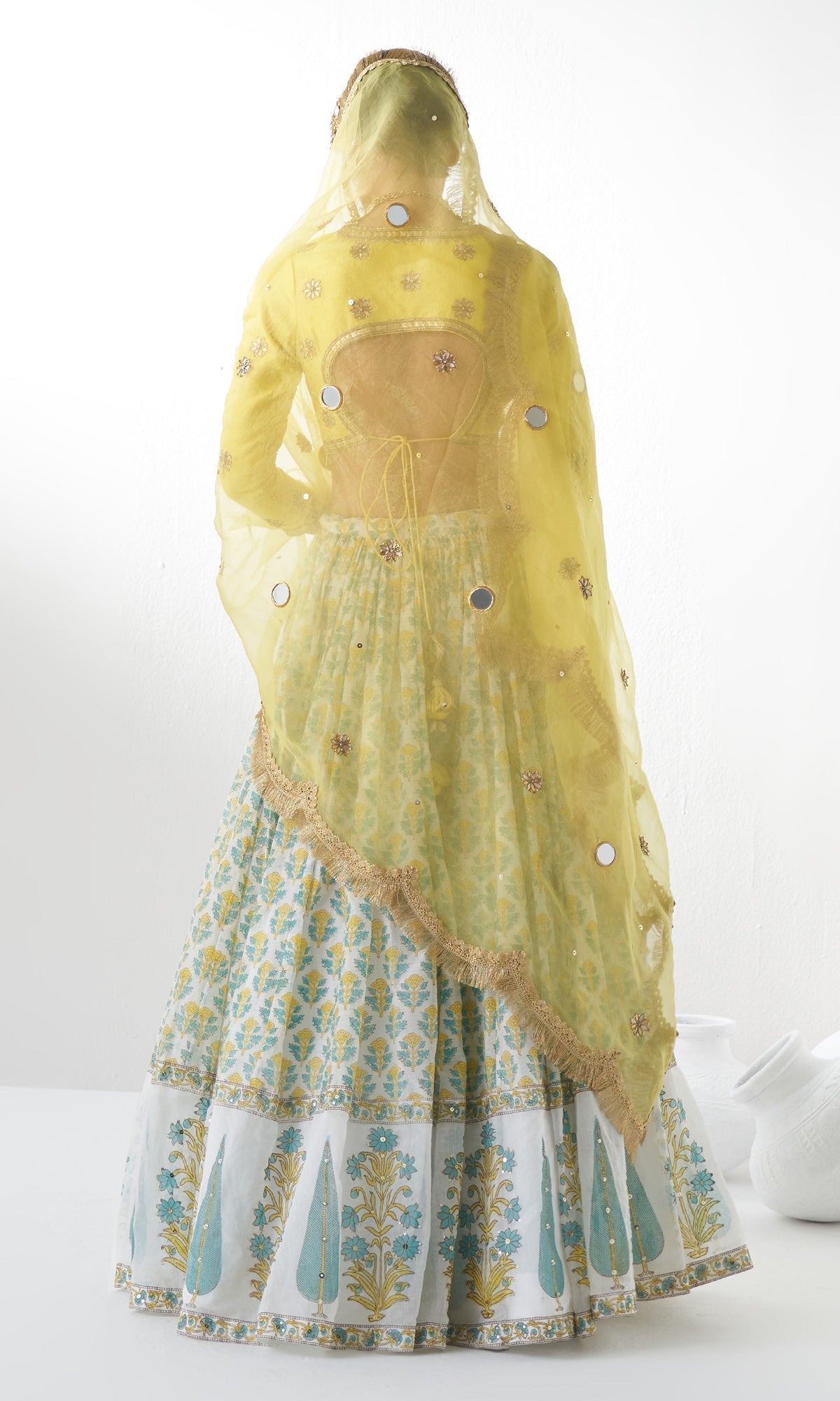 Jahanara Mughal Yellow Block Printed Lehenga Set - Set of 3