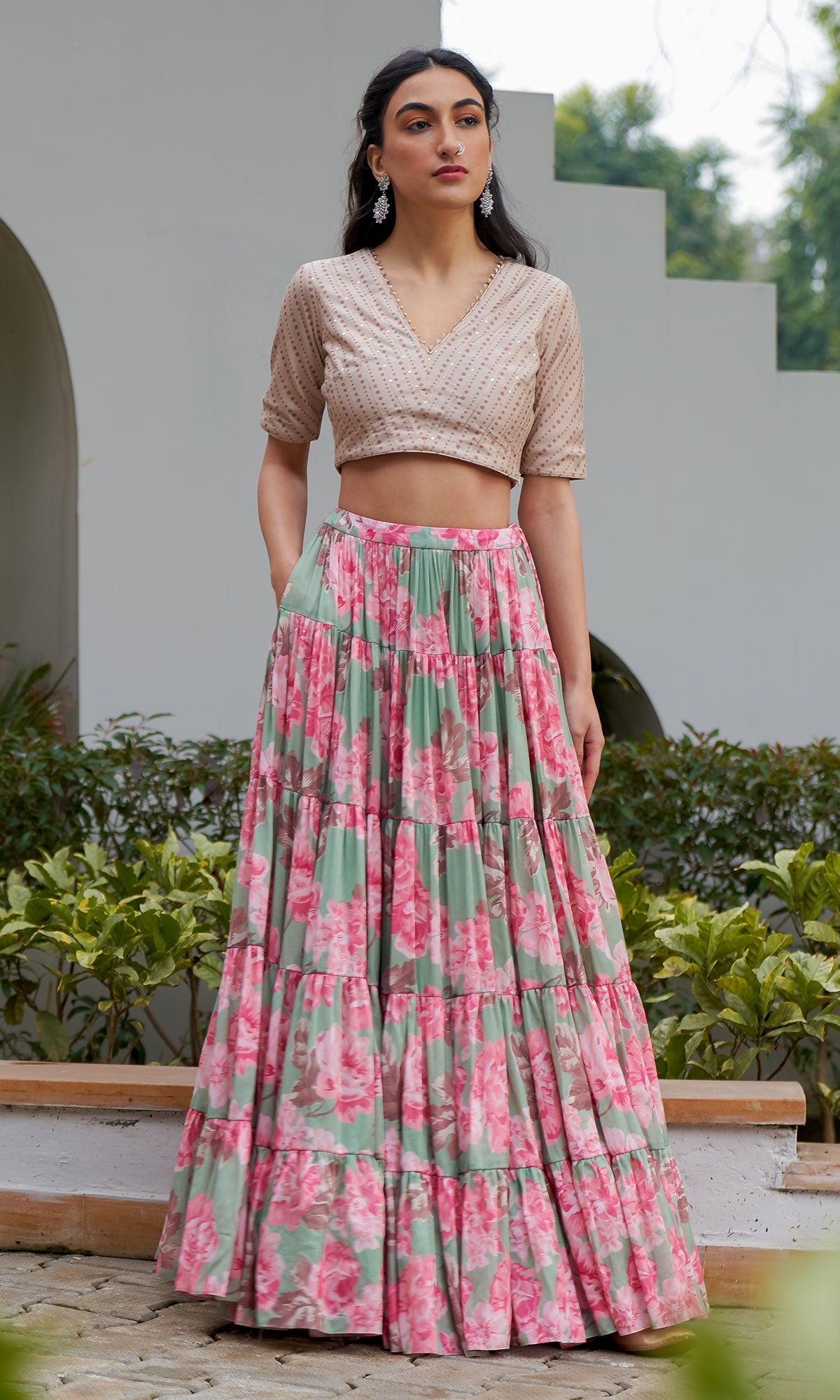 AZRA GREEN TIERED FLORAL PRINTED LEHENGA WITH BLOUSE & DUPATTA - SET OF 3