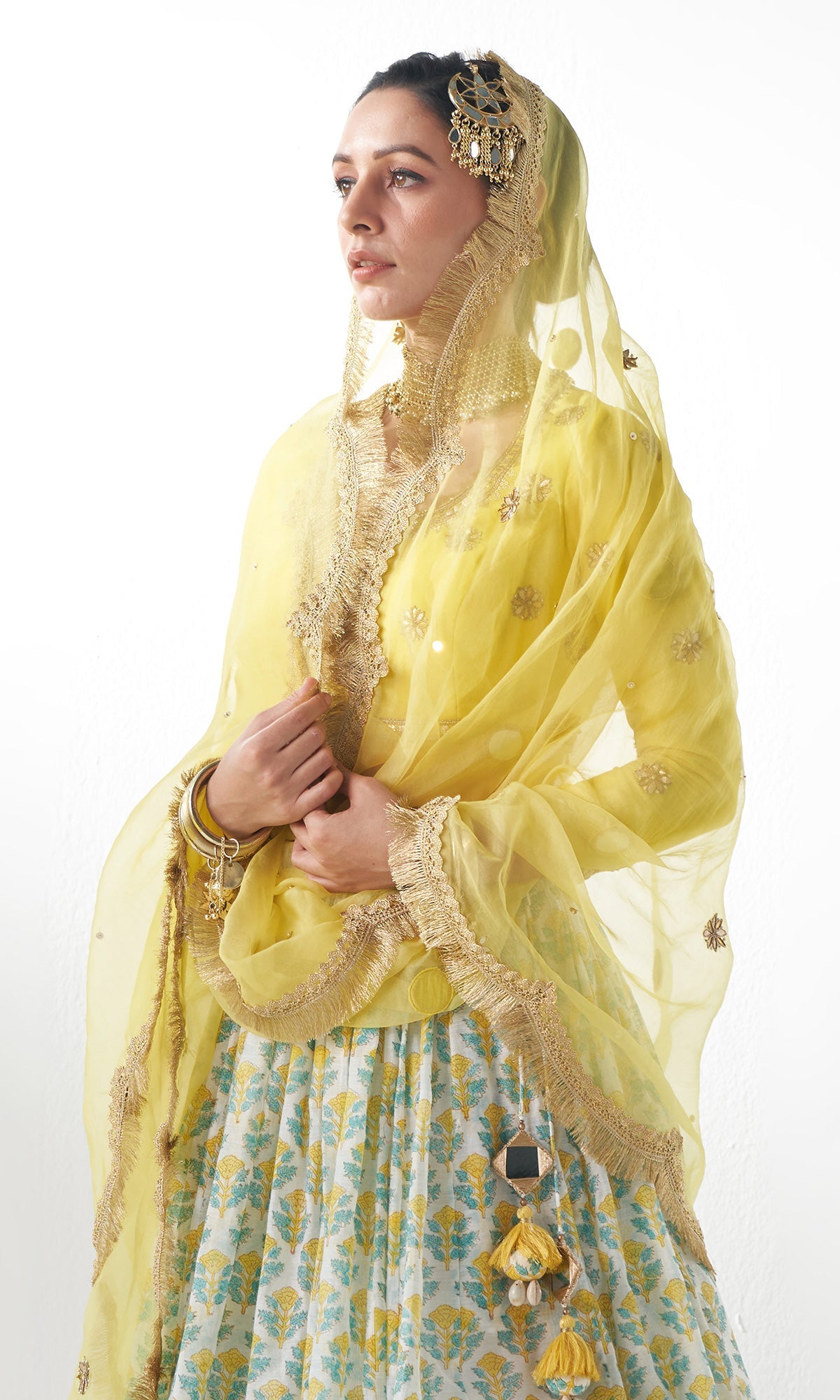 Jahanara Mughal Yellow Block Printed Lehenga Set - Set of 3