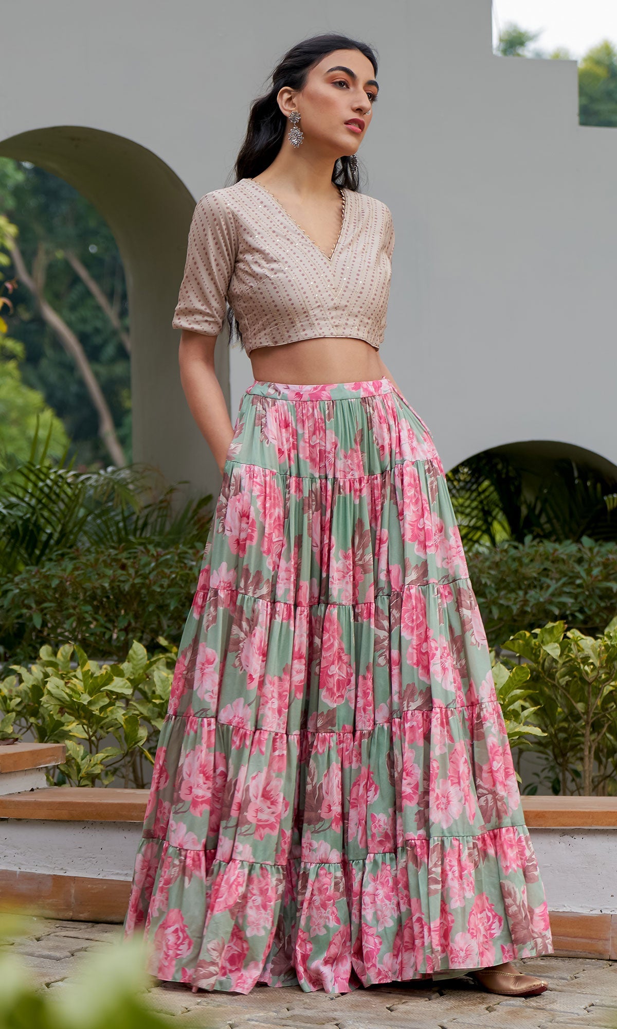AZRA GREEN TIERED FLORAL PRINTED LEHENGA WITH BLOUSE & DUPATTA - SET OF 3