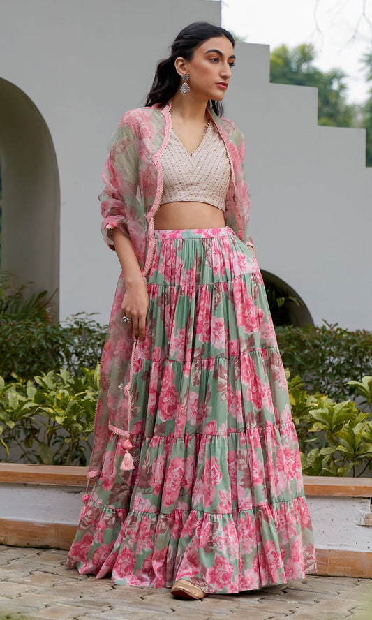 AZRA GREEN TIERED FLORAL PRINTED LEHENGA WITH BLOUSE & DUPATTA - SET OF 3