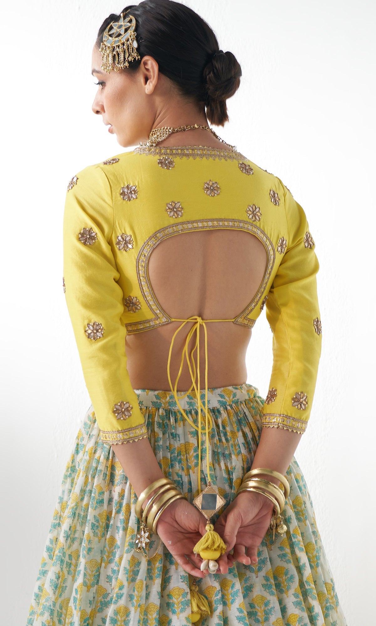 Jahanara Mughal Yellow Block Printed Lehenga Set - Set of 3