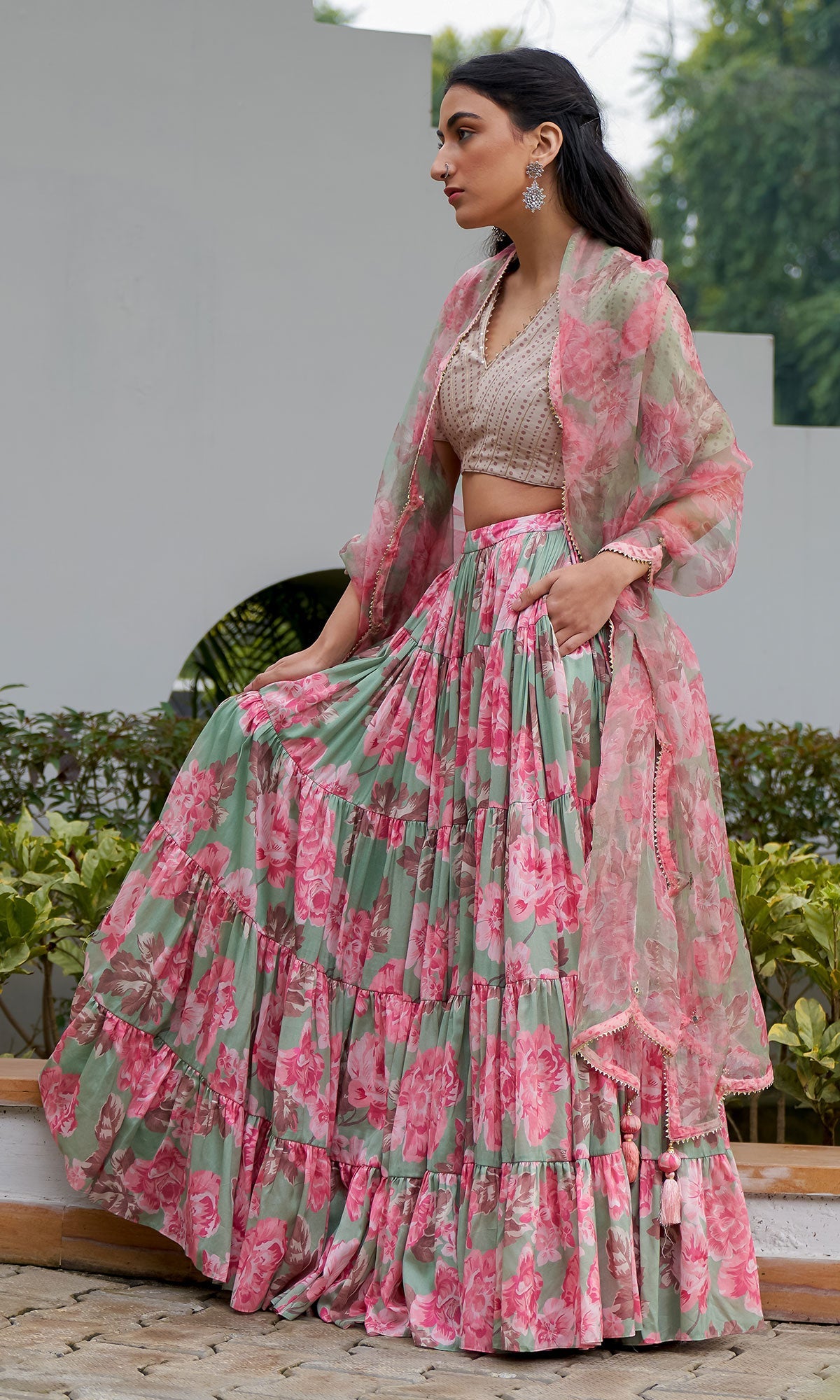 AZRA GREEN TIERED FLORAL PRINTED LEHENGA WITH BLOUSE & DUPATTA - SET OF 3