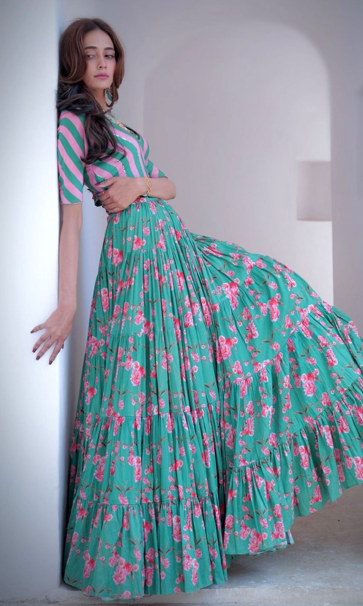 Tina Rathore in Falak Green Floral print Gathered Lehenga with stripe blouse and Dupatta- Set of 3