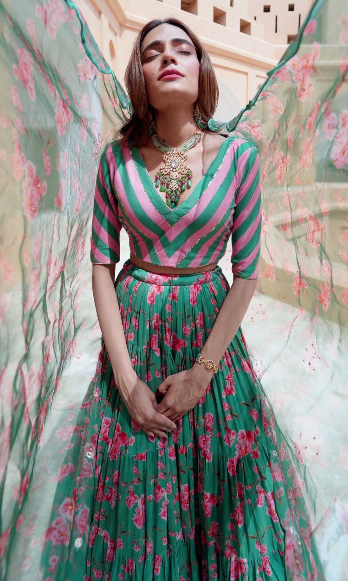 Tina Rathore in Falak Green Floral print Gathered Lehenga with stripe blouse and Dupatta- Set of 3