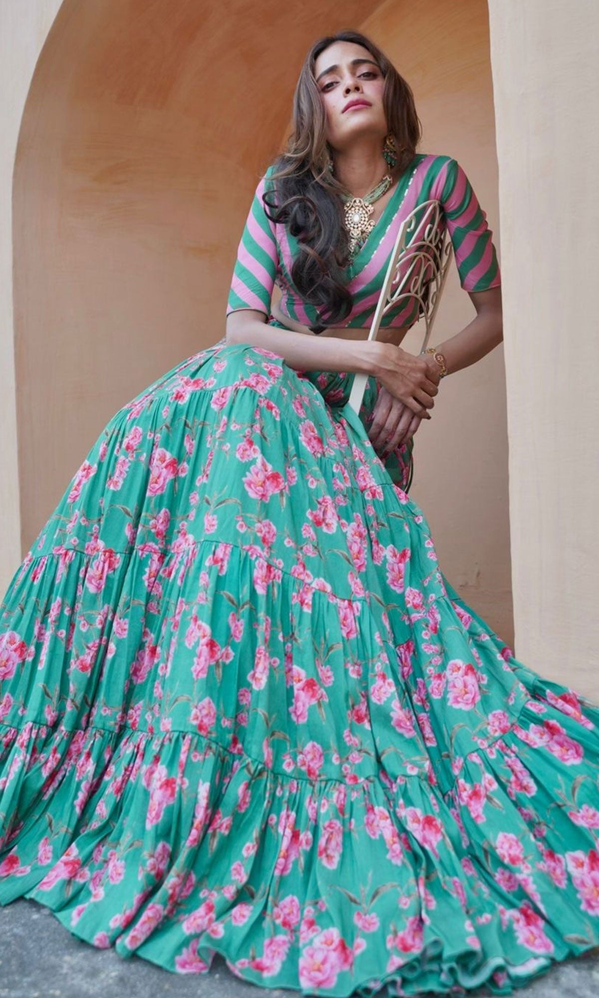 Tina Rathore in Falak Green Floral print Gathered Lehenga with stripe blouse and Dupatta- Set of 3