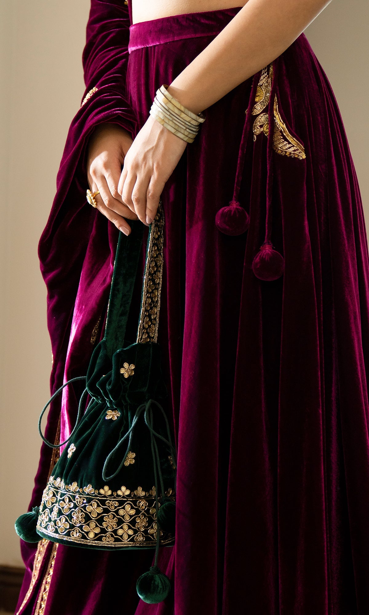 Bareen Embroidered - Deep Orchid velvet Lehenga With Blouse - Set of 2