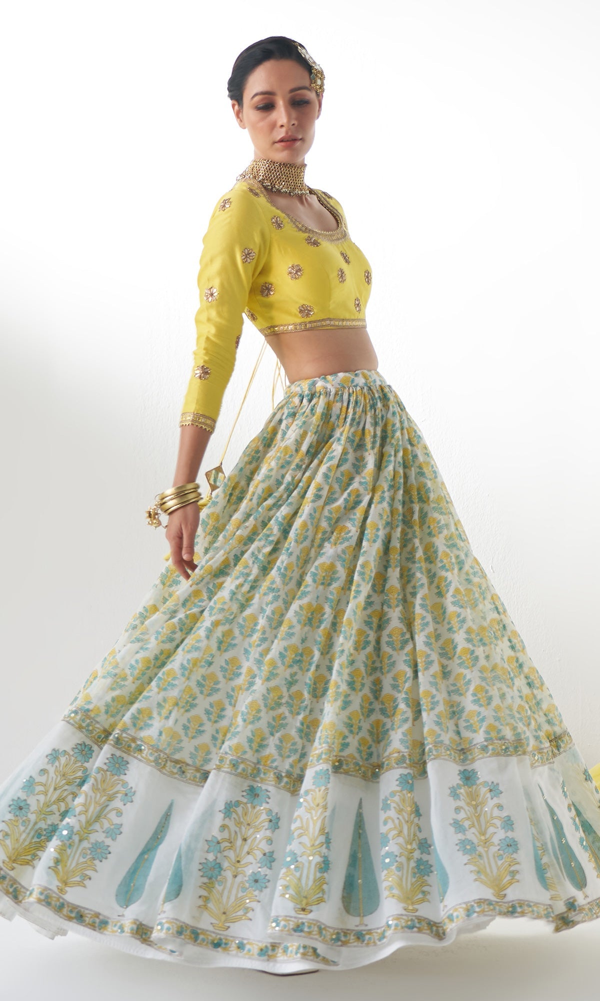 Jahanara Mughal Yellow Block Printed Lehenga Set - Set of 3