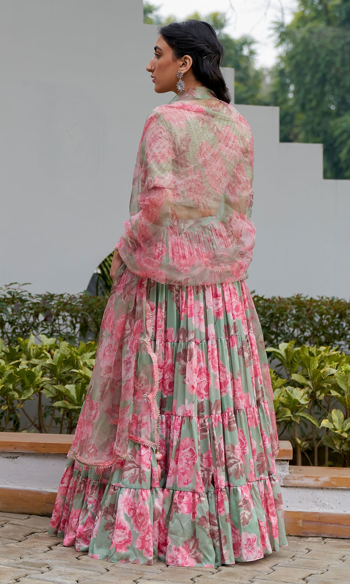 AZRA GREEN TIERED FLORAL PRINTED LEHENGA WITH BLOUSE & DUPATTA - SET OF 3