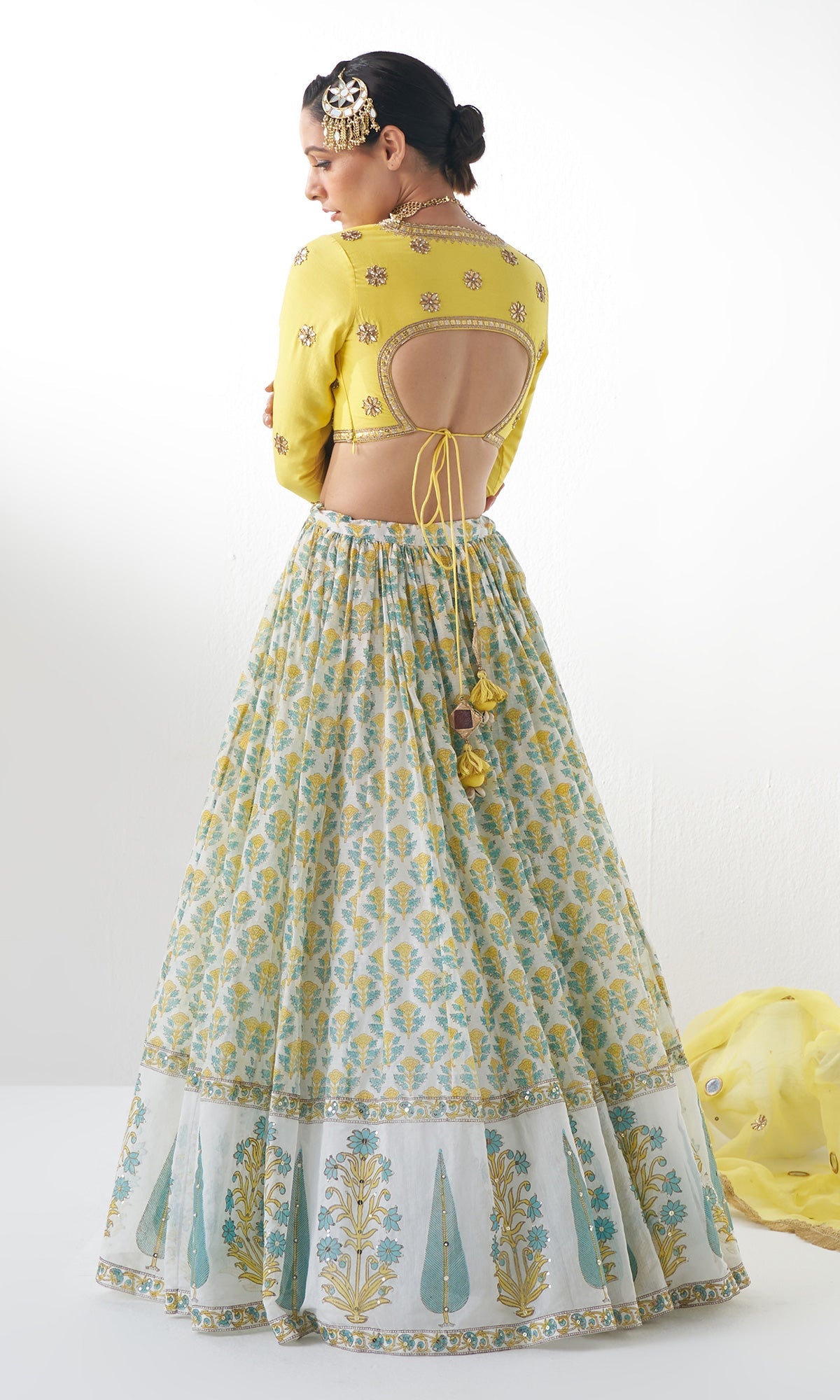 Jahanara Mughal Yellow Block Printed Lehenga Set - Set of 3