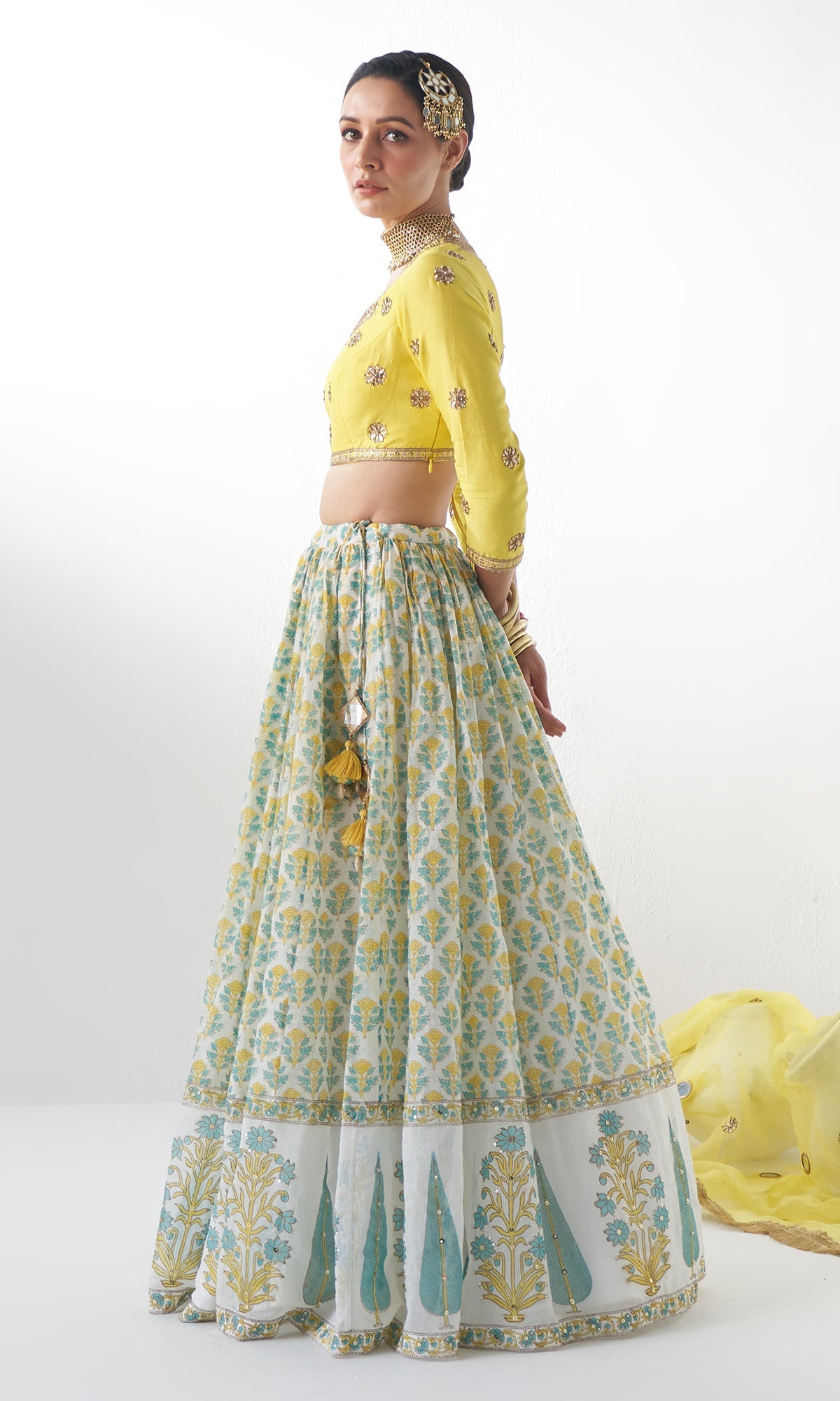 Jahanara Mughal Yellow Block Printed Lehenga Set - Set of 3