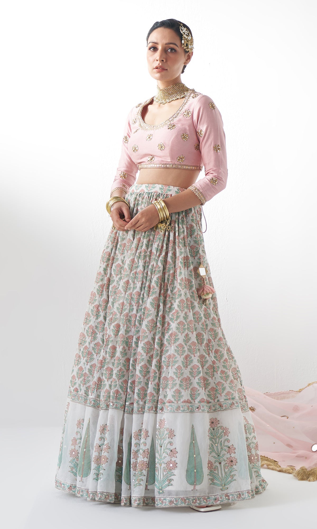 Jahanara Mughal Pink Block Printed Lehenga Set - Set of 3