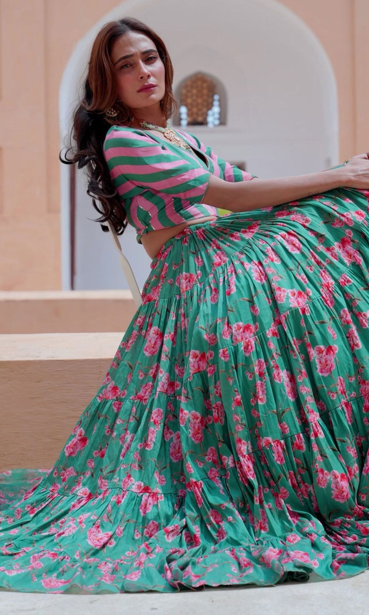Tina Rathore in Falak Green Floral print Gathered Lehenga with stripe blouse and Dupatta- Set of 3