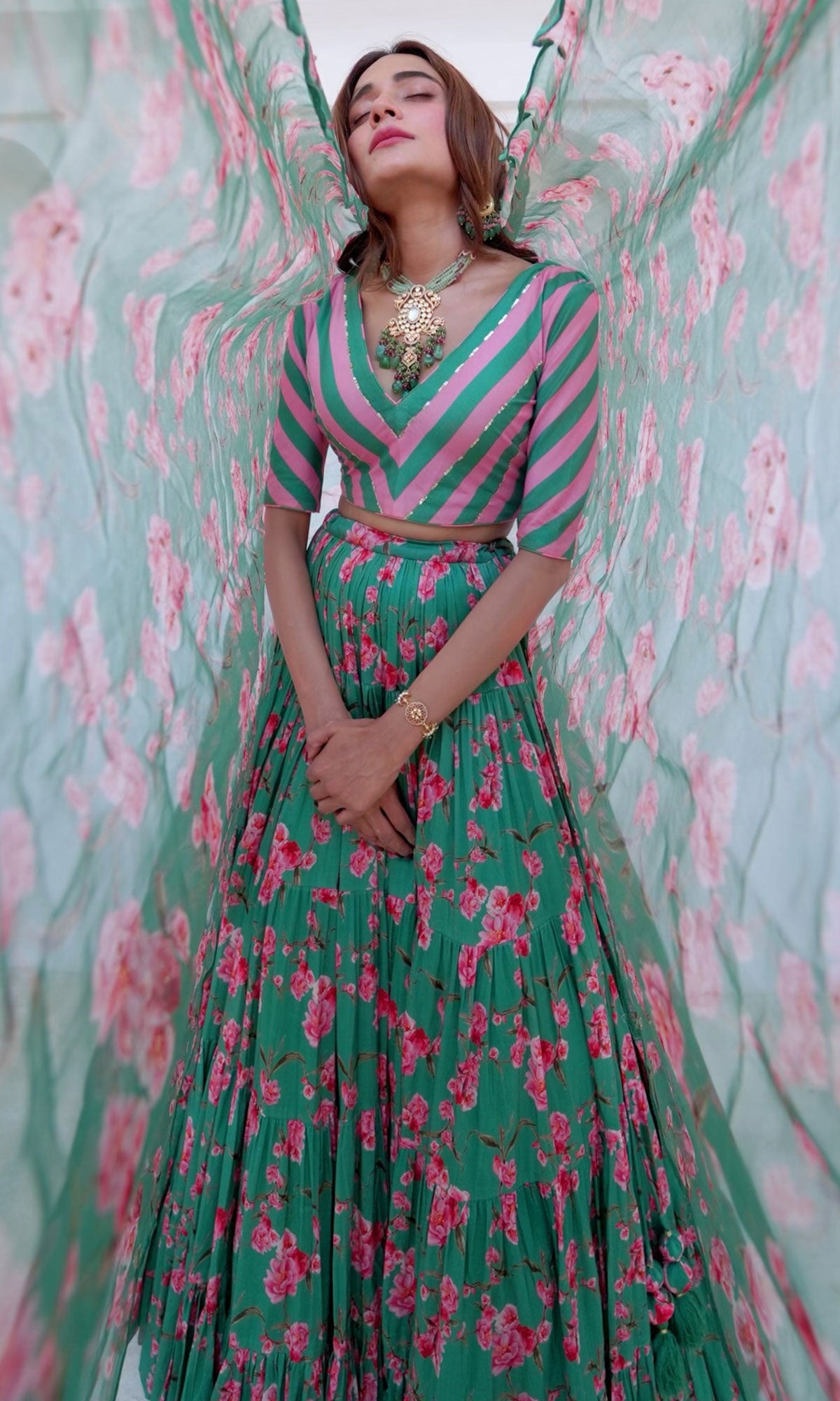 Tina Rathore in Falak Green Floral print Gathered Lehenga with stripe blouse and Dupatta- Set of 3