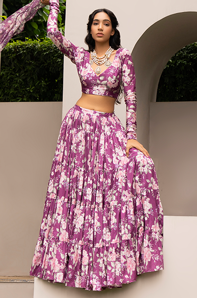 Aamna Sharif in Falak Purple Floral print Gathered Lehenga with floral blouse and Dupatta- Set of 3