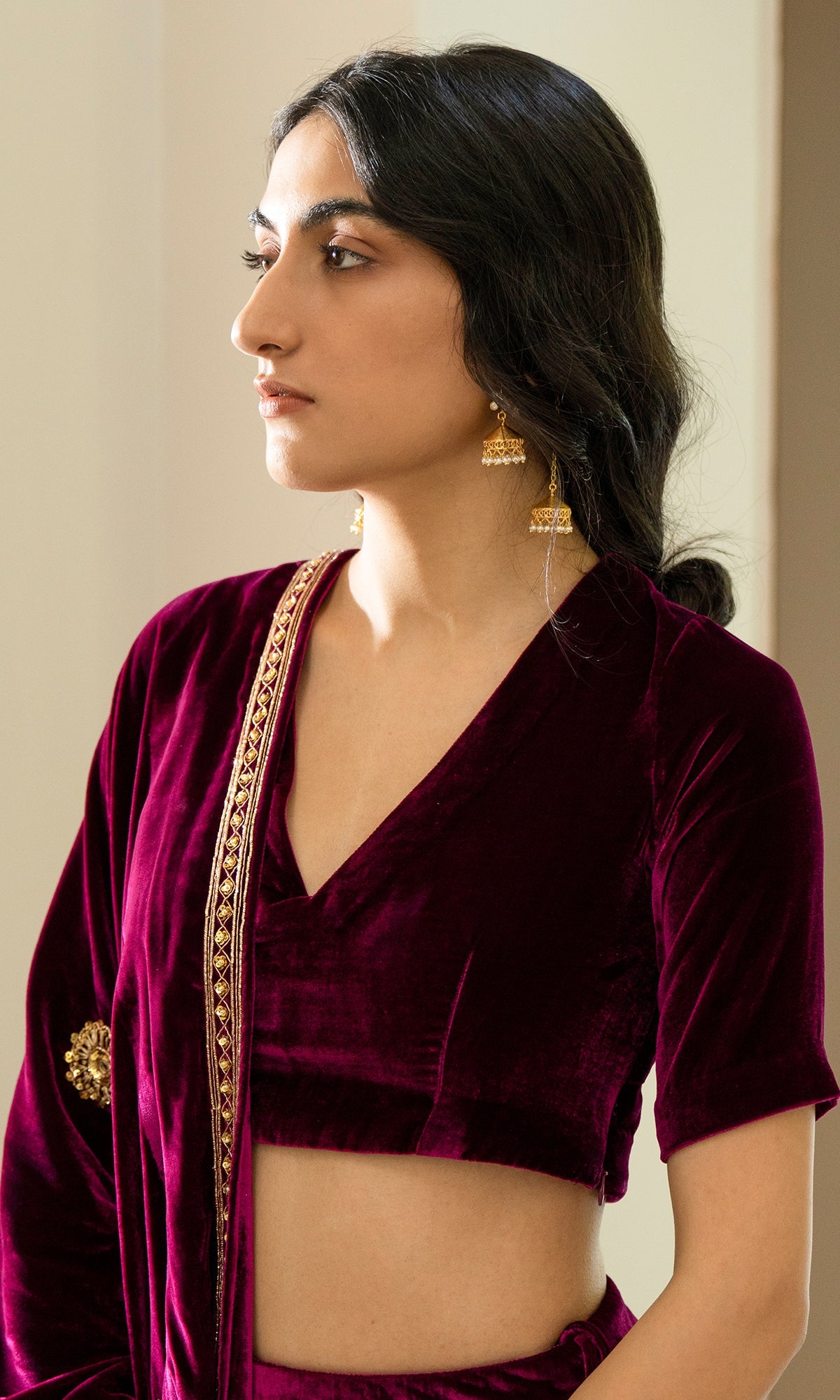 Bareen Embroidered - Deep Orchid velvet Lehenga With Blouse - Set of 2