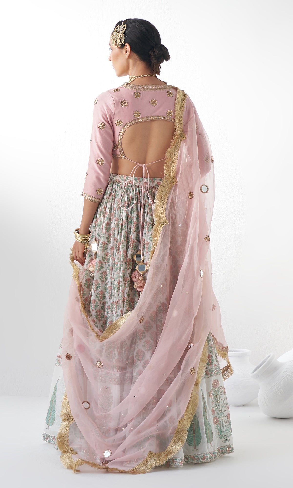 Jahanara Mughal Pink Block Printed Lehenga Set - Set of 3