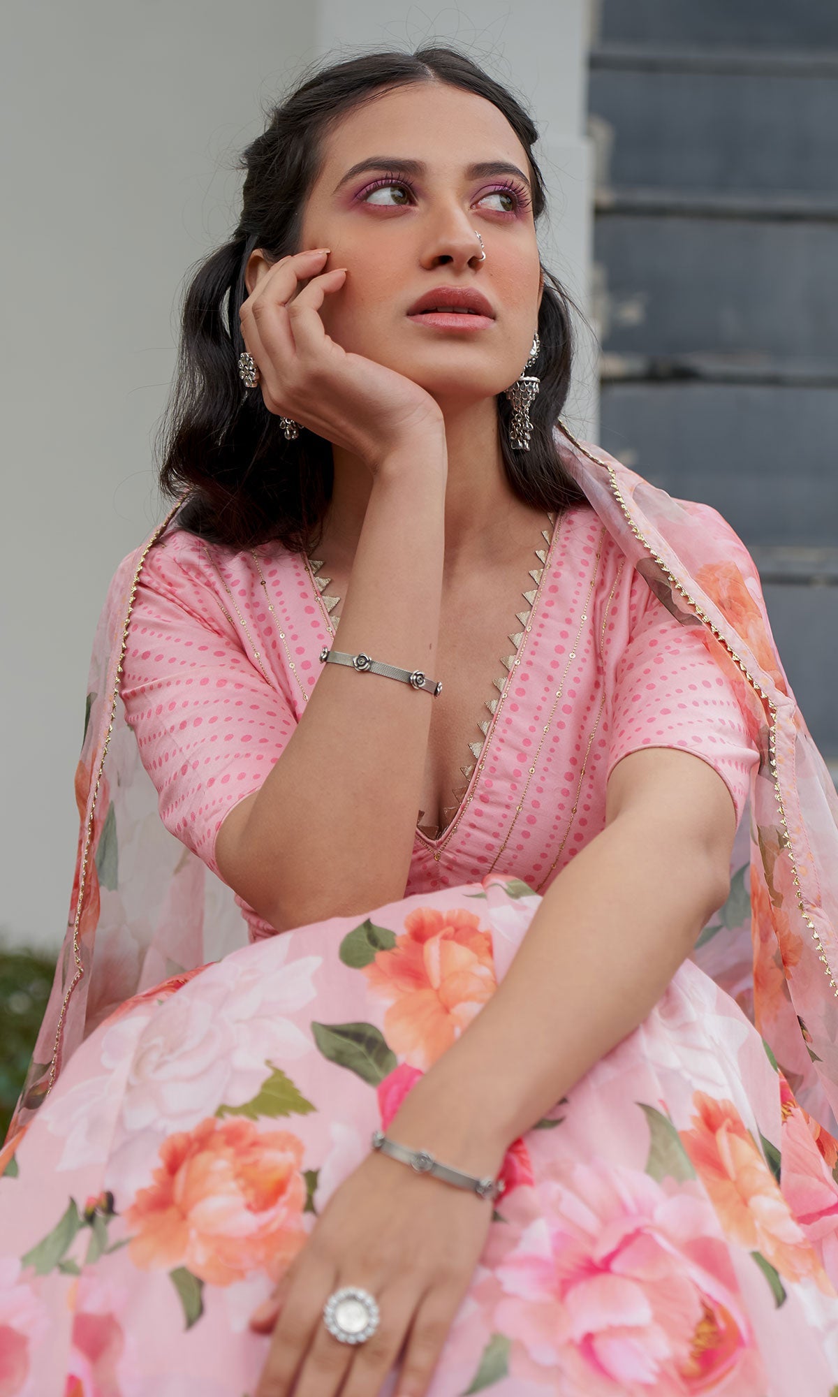 AZRA PINK FLORAL PRINTED LEHENGA SET - SET OF 3