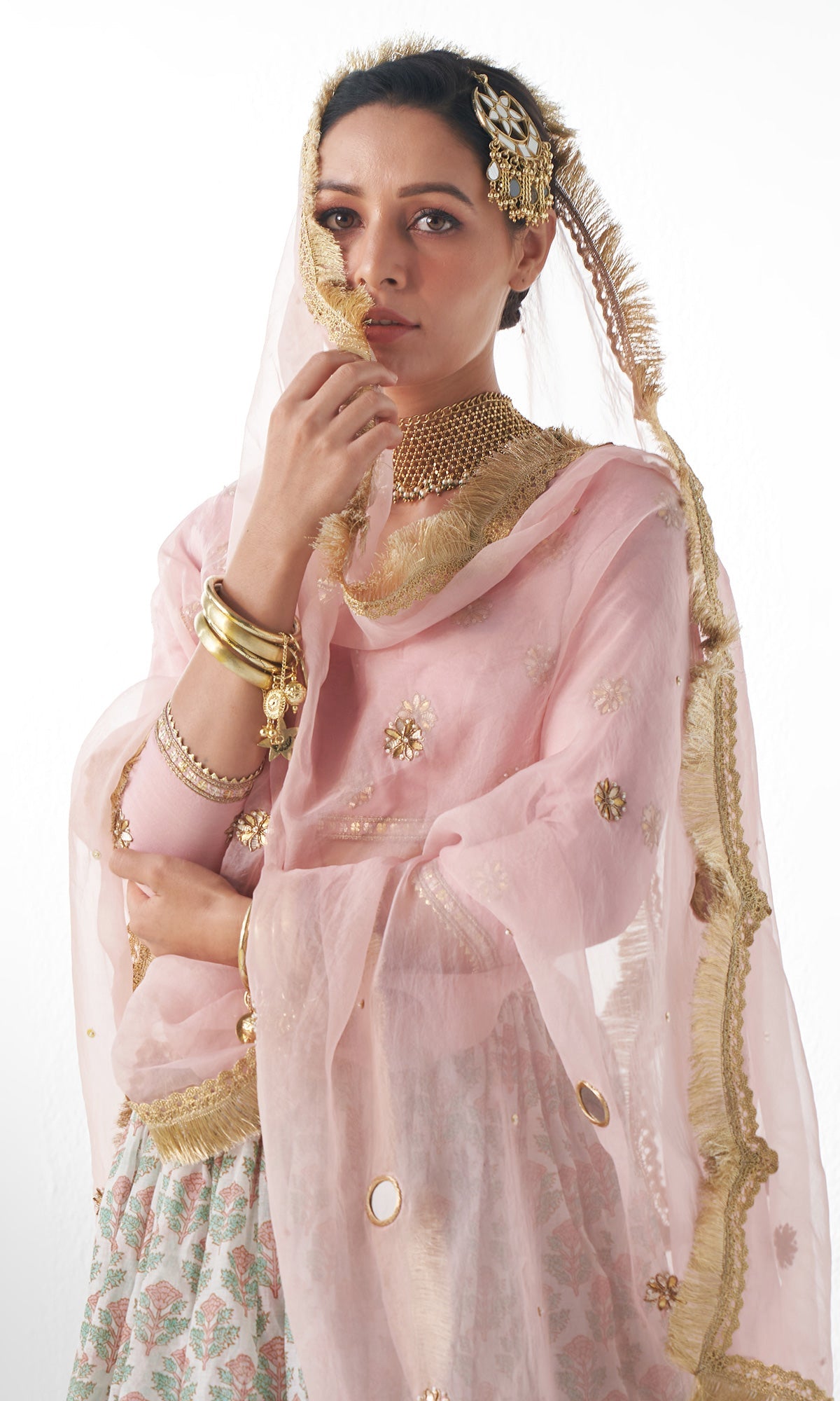 Jahanara Mughal Pink Block Printed Lehenga Set - Set of 3