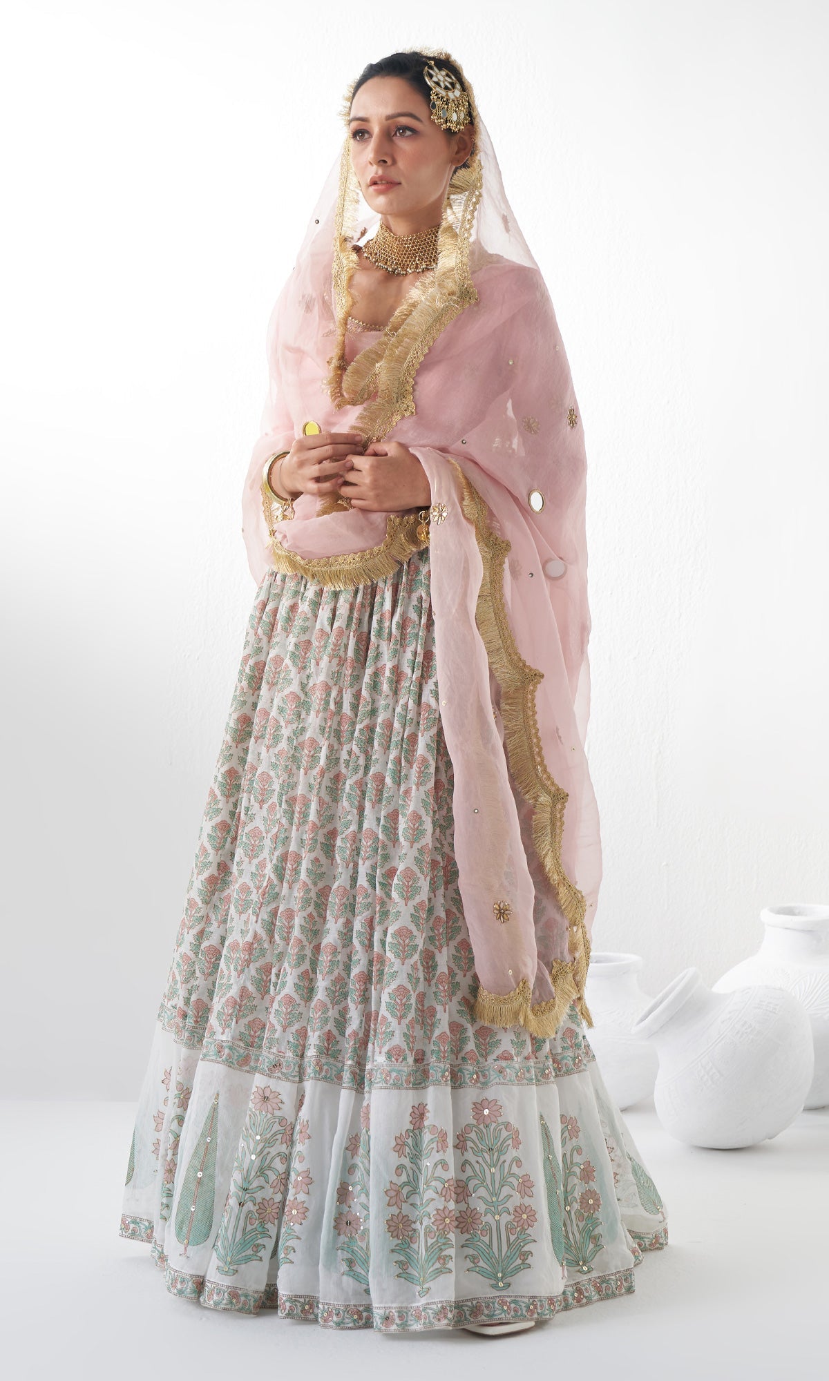 Jahanara Mughal Pink Block Printed Lehenga Set - Set of 3