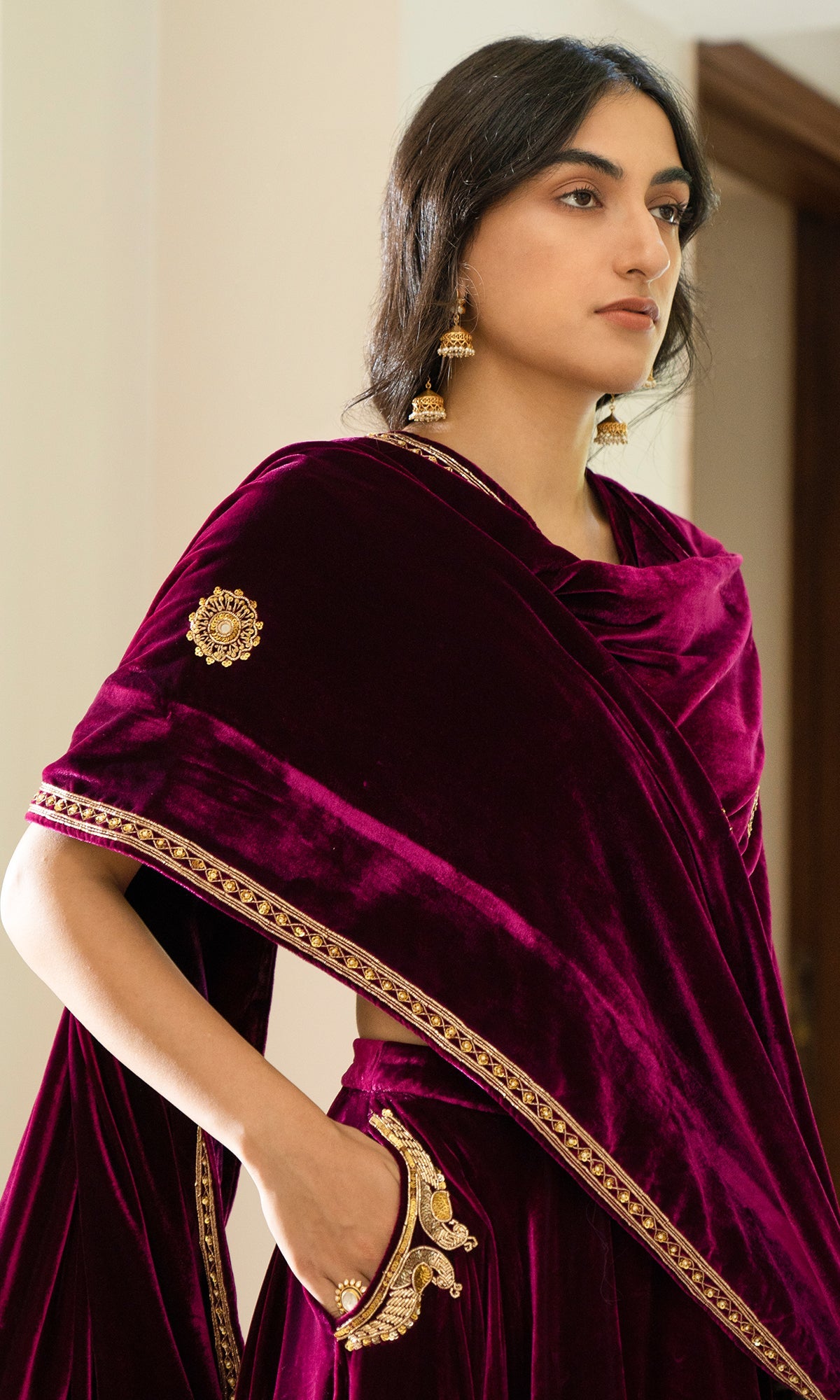 Bareen Embroidered - Deep Orchid velvet Lehenga With Blouse - Set of 2