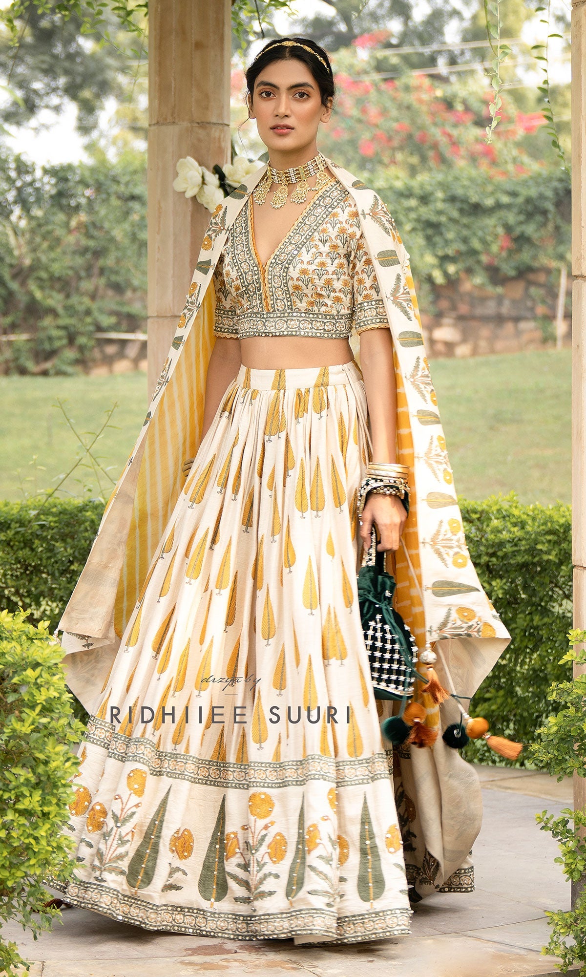 Bareen Mughal Mustard Yellow Block Printed Lehenga Set With Lehariya dupatta - Set Of 3