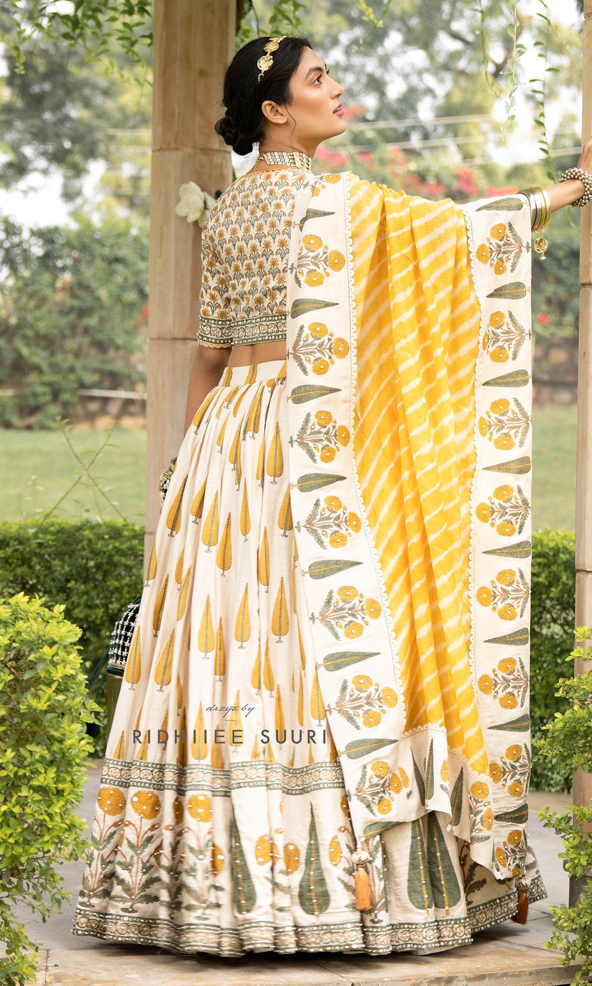 Bareen Mughal Mustard Yellow Block Printed Lehenga Set With Lehariya dupatta - Set Of 3