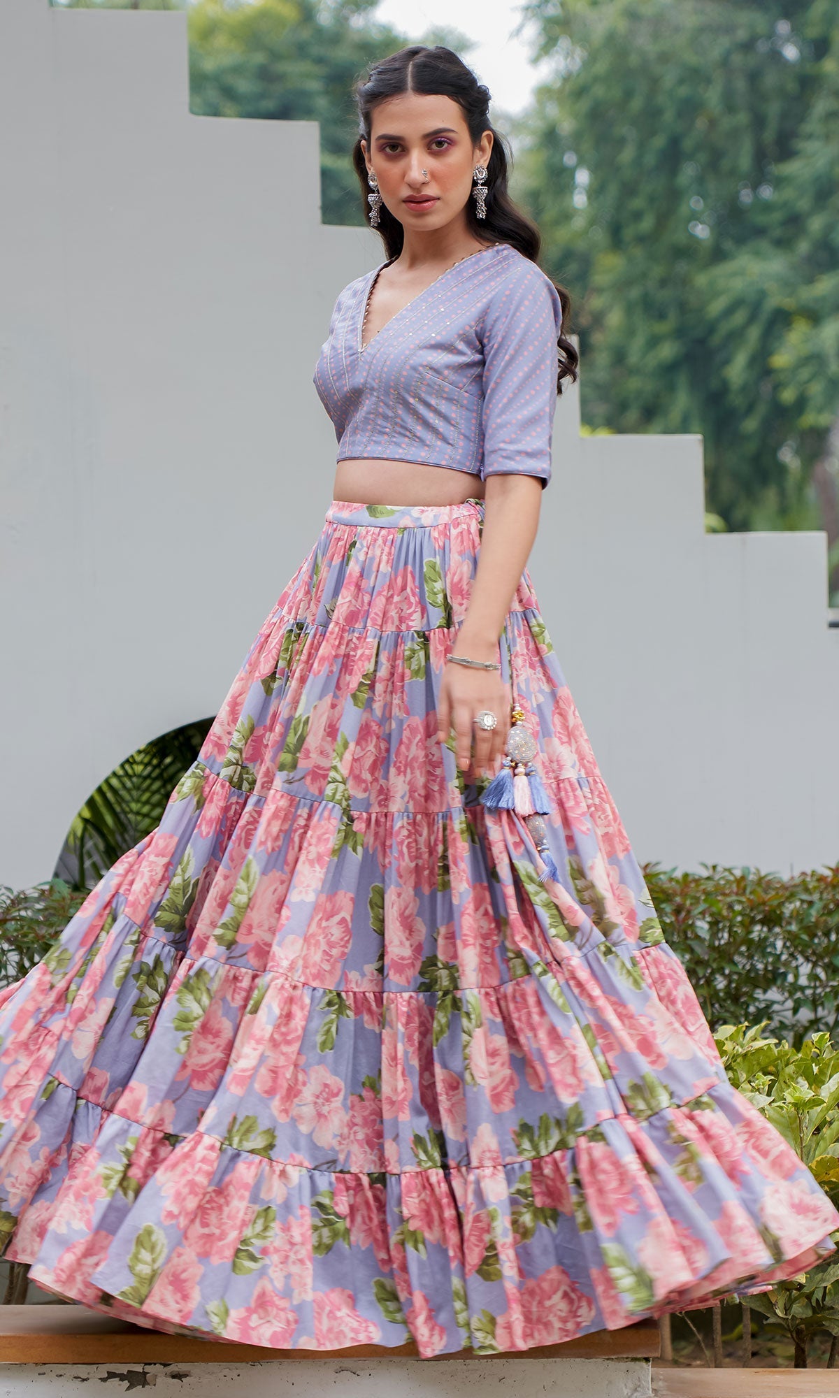 AZRA LILAC TIERED FLORAL PRINTED LEHENGA WITH BLOUSE & DUPATTA - SET OF 3