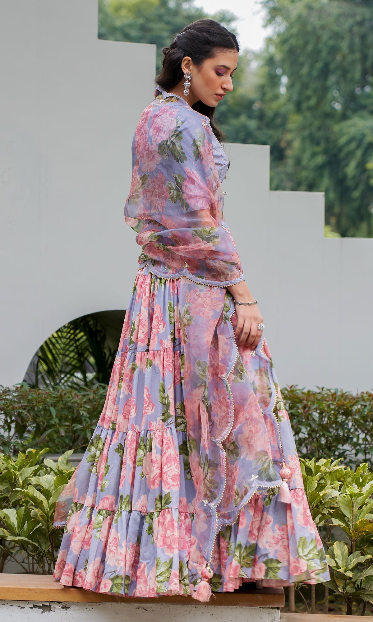 AZRA LILAC TIERED FLORAL PRINTED LEHENGA WITH BLOUSE & DUPATTA - SET OF 3