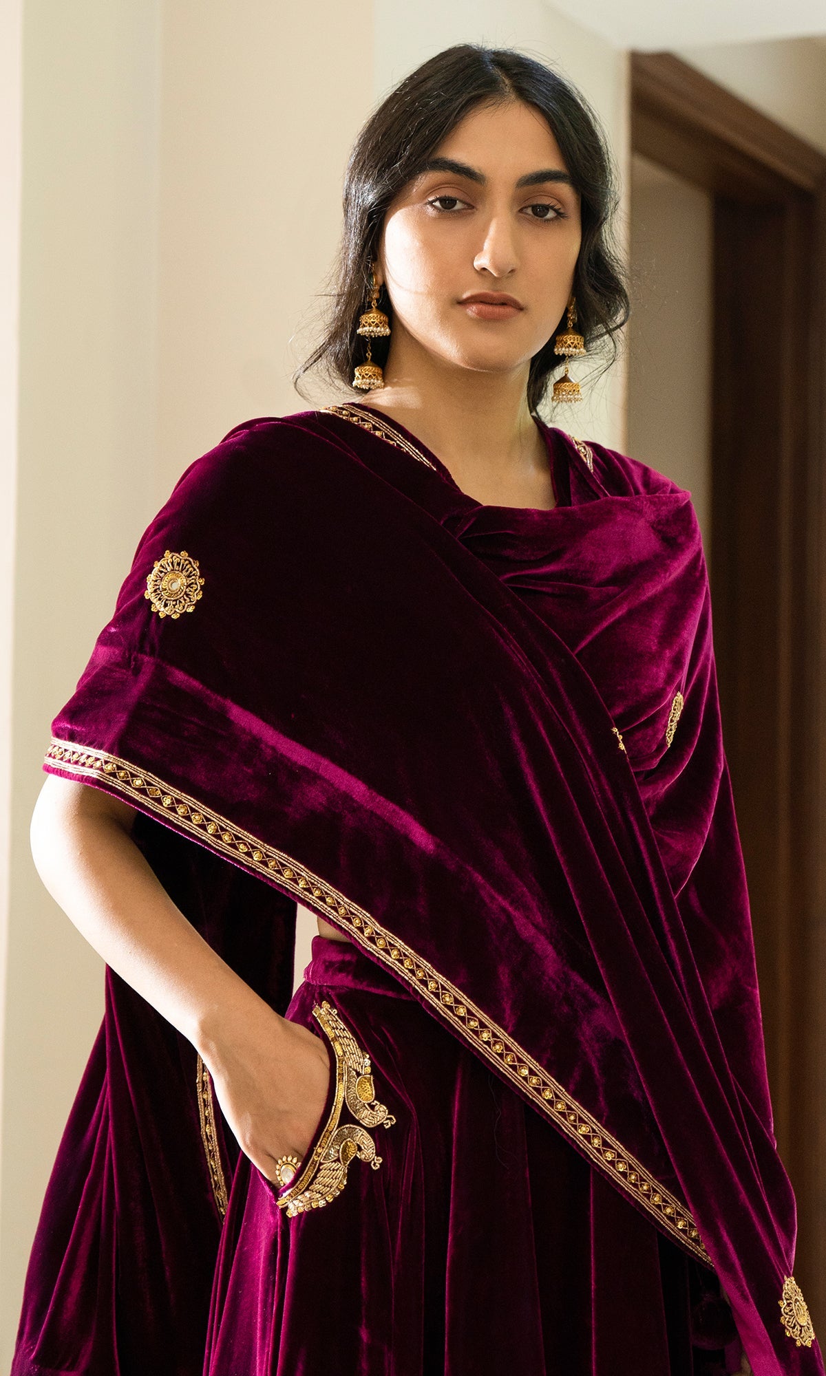 Bareen Embroidered - Deep Orchid velvet Lehenga With Blouse - Set of 2