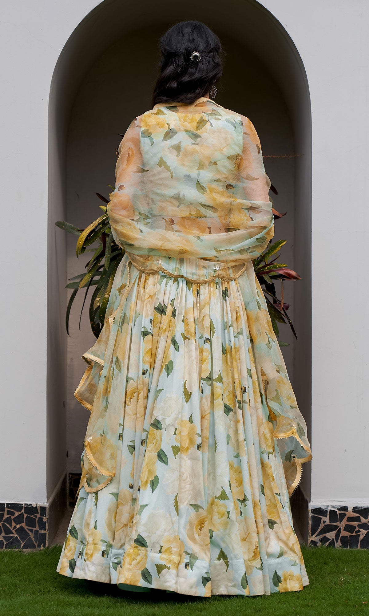 AZRA AQUA FLORAL PRINTED FLORAL LEHENGA WITH FLORAL PRINTED BLOUSE AND DUPATTA - SET OF 3