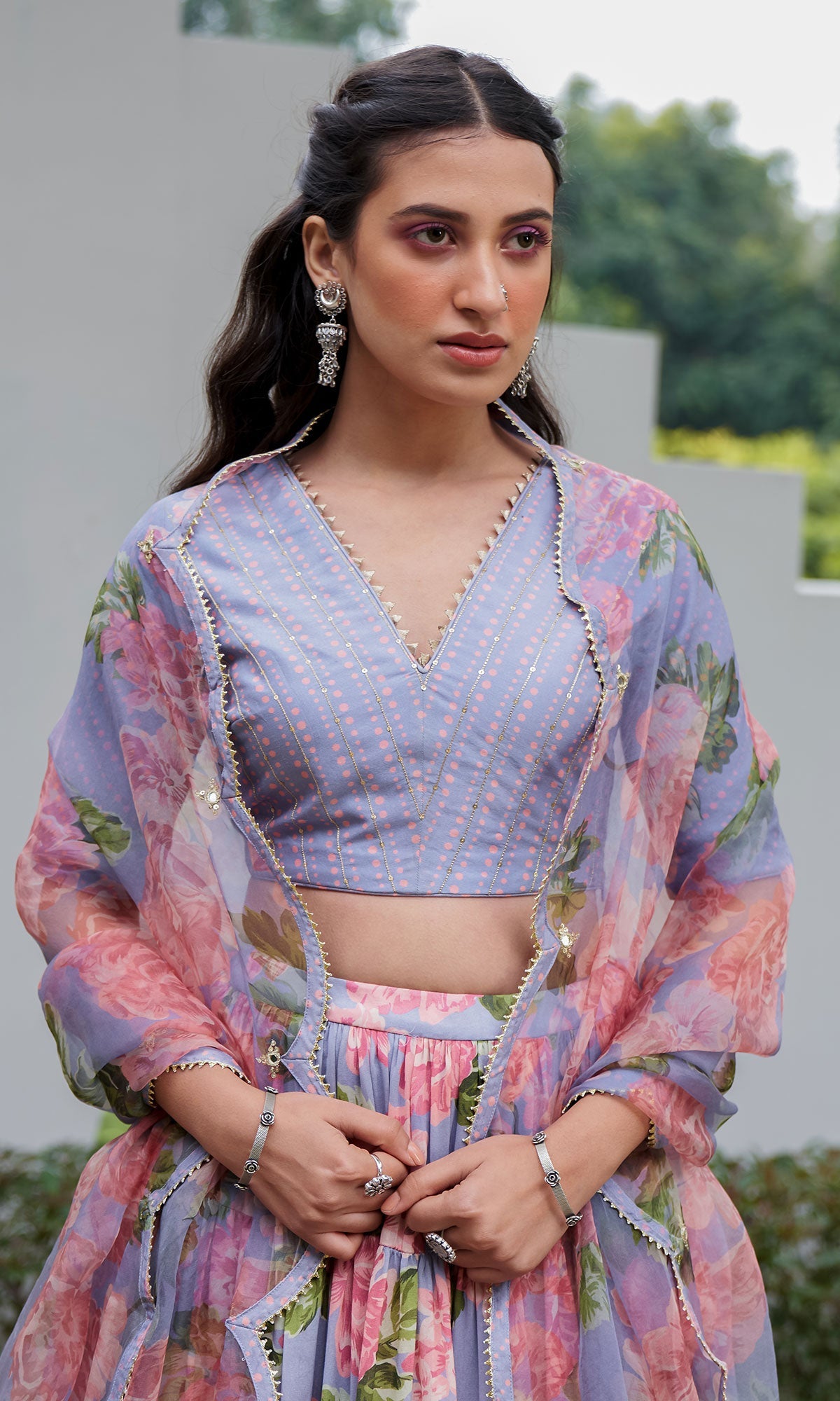 AZRA LILAC TIERED FLORAL PRINTED LEHENGA WITH BLOUSE & DUPATTA - SET OF 3