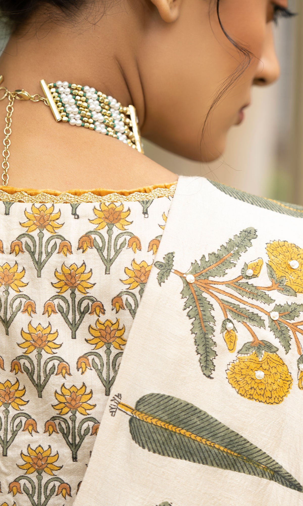 Bareen Mughal Mustard Yellow Block Printed Lehenga Set With Lehariya dupatta - Set Of 3