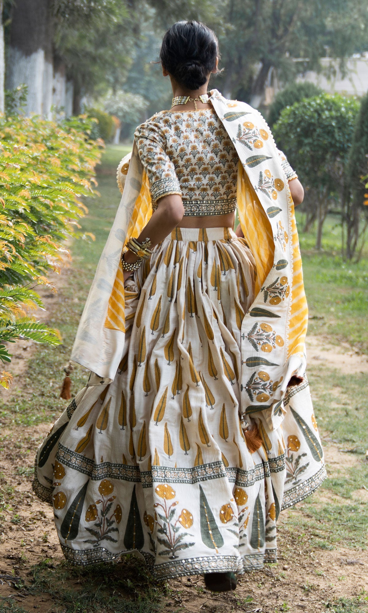 Bareen Mughal Mustard Yellow Block Printed Lehenga Set With Lehariya dupatta - Set Of 3