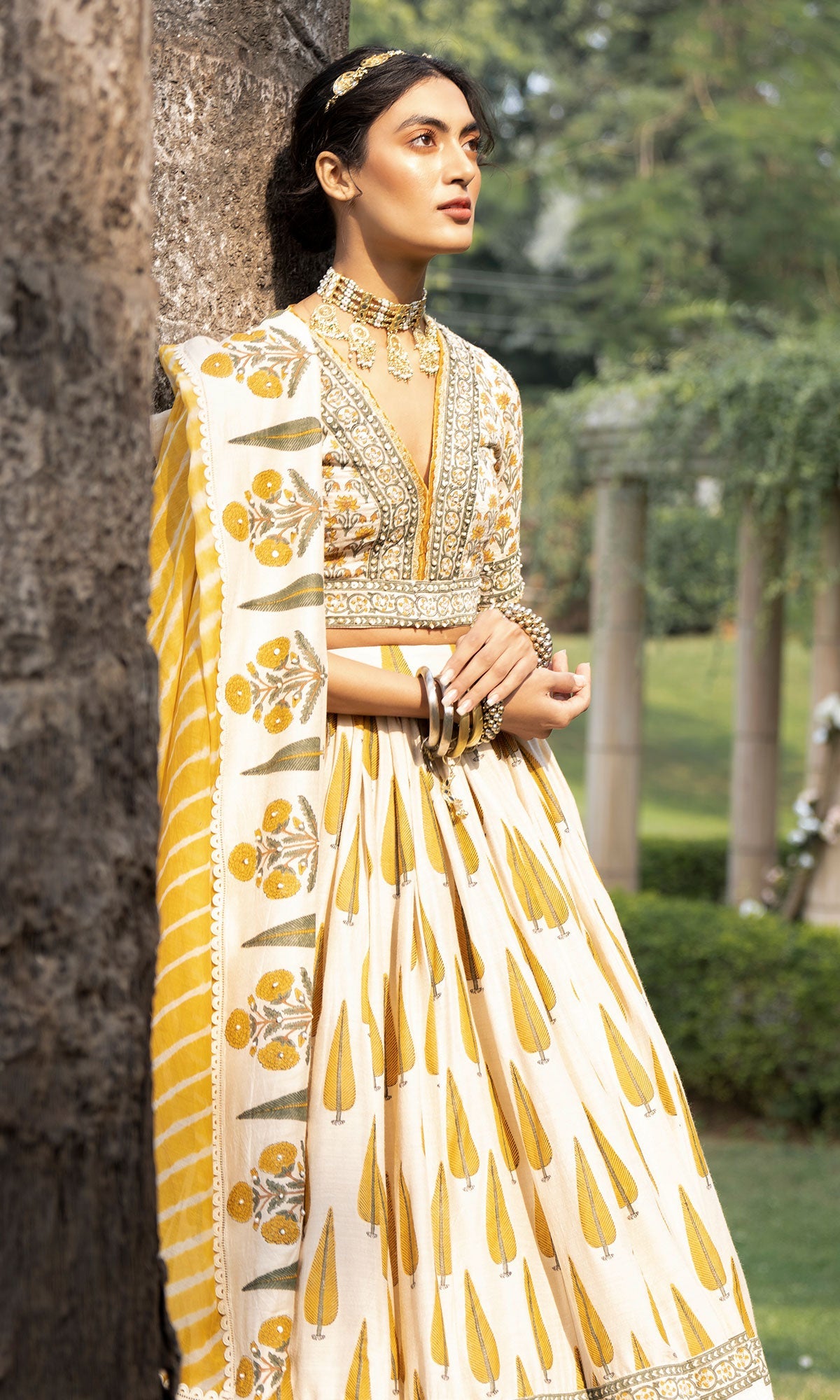 Bareen Mughal Mustard Yellow Block Printed Lehenga Set With Lehariya dupatta - Set Of 3