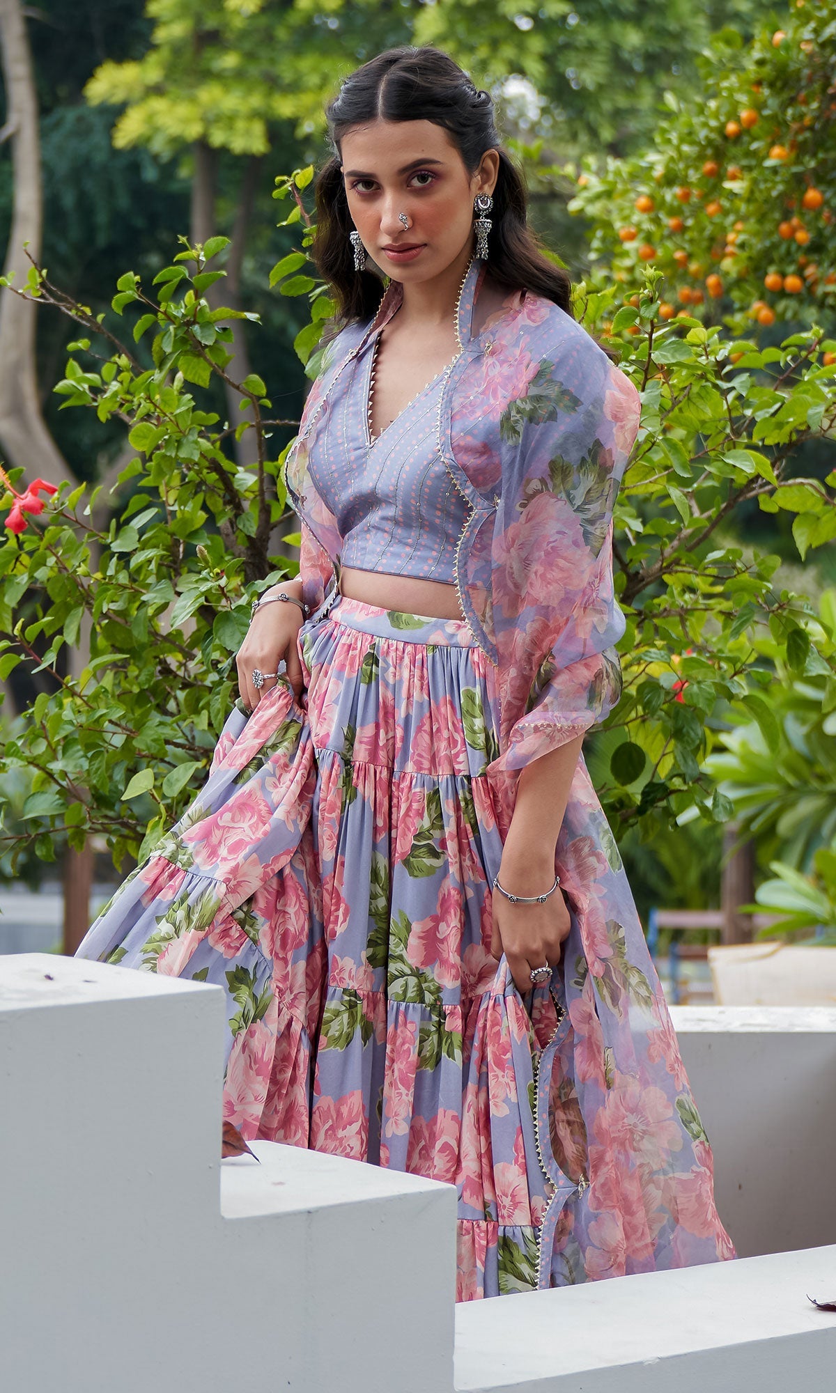 AZRA LILAC TIERED FLORAL PRINTED LEHENGA WITH BLOUSE & DUPATTA - SET OF 3