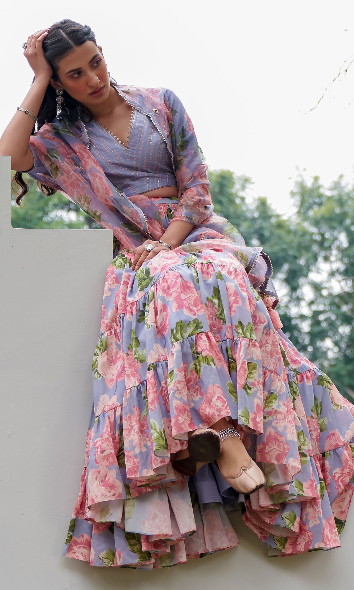 AZRA LILAC TIERED FLORAL PRINTED LEHENGA WITH BLOUSE & DUPATTA - SET OF 3