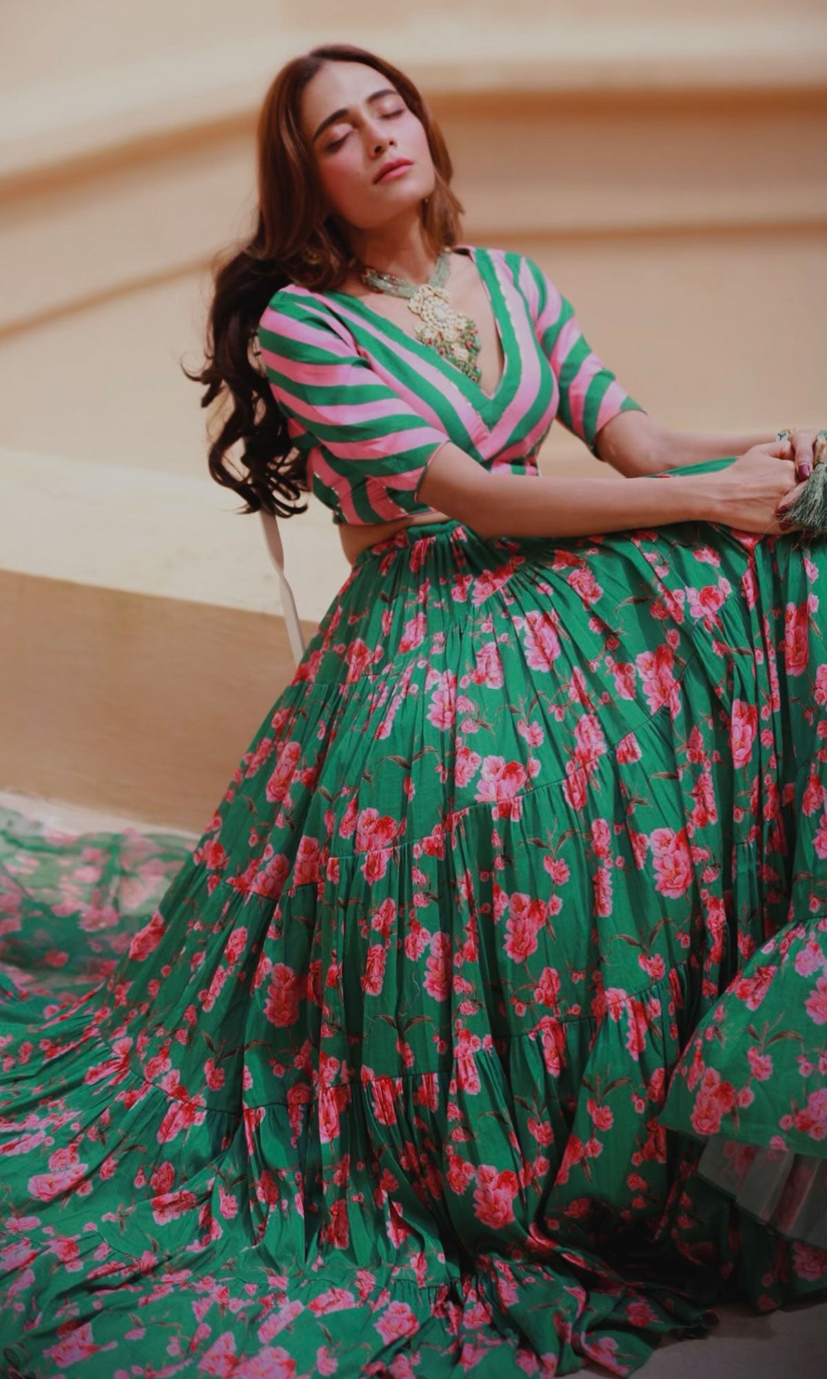 Tina Rathore in Falak Green Floral print Gathered Lehenga with stripe blouse and Dupatta- Set of 3