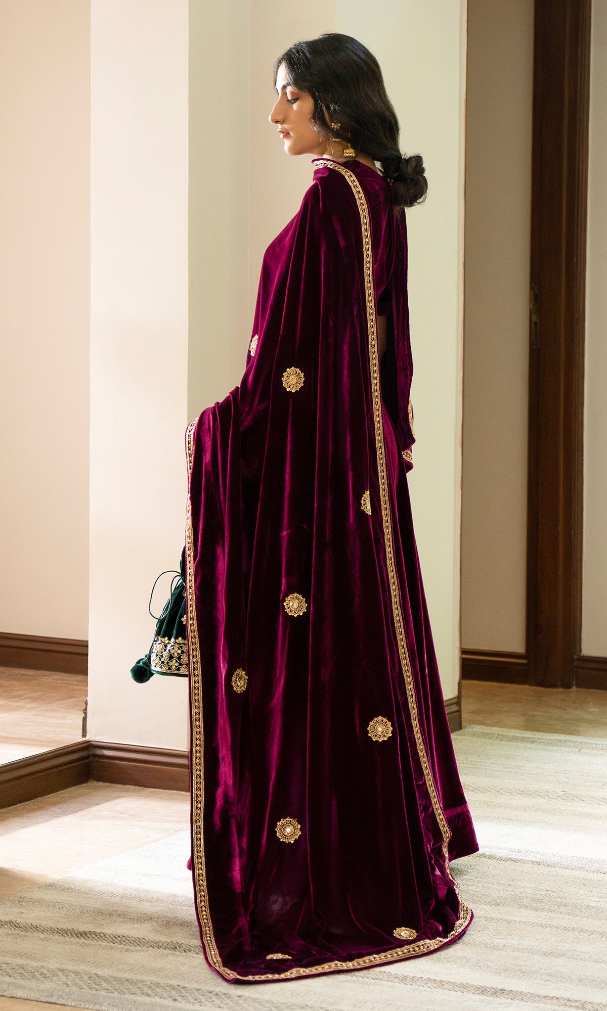 Bareen Embroidered - Deep Orchid velvet Lehenga With Blouse - Set of 2